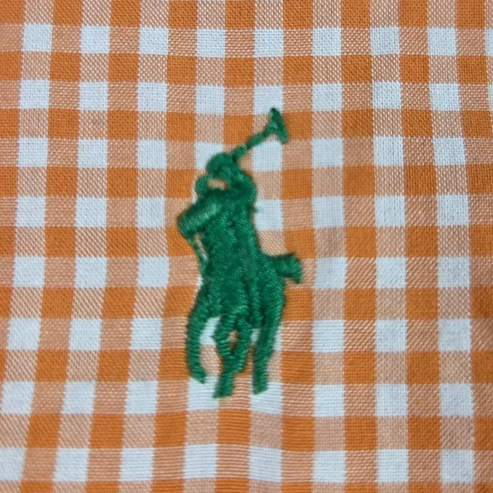 Polo Ralph Lauren Button Down Shirt Mens L Orange Gingham Cotton Pony 0414‎